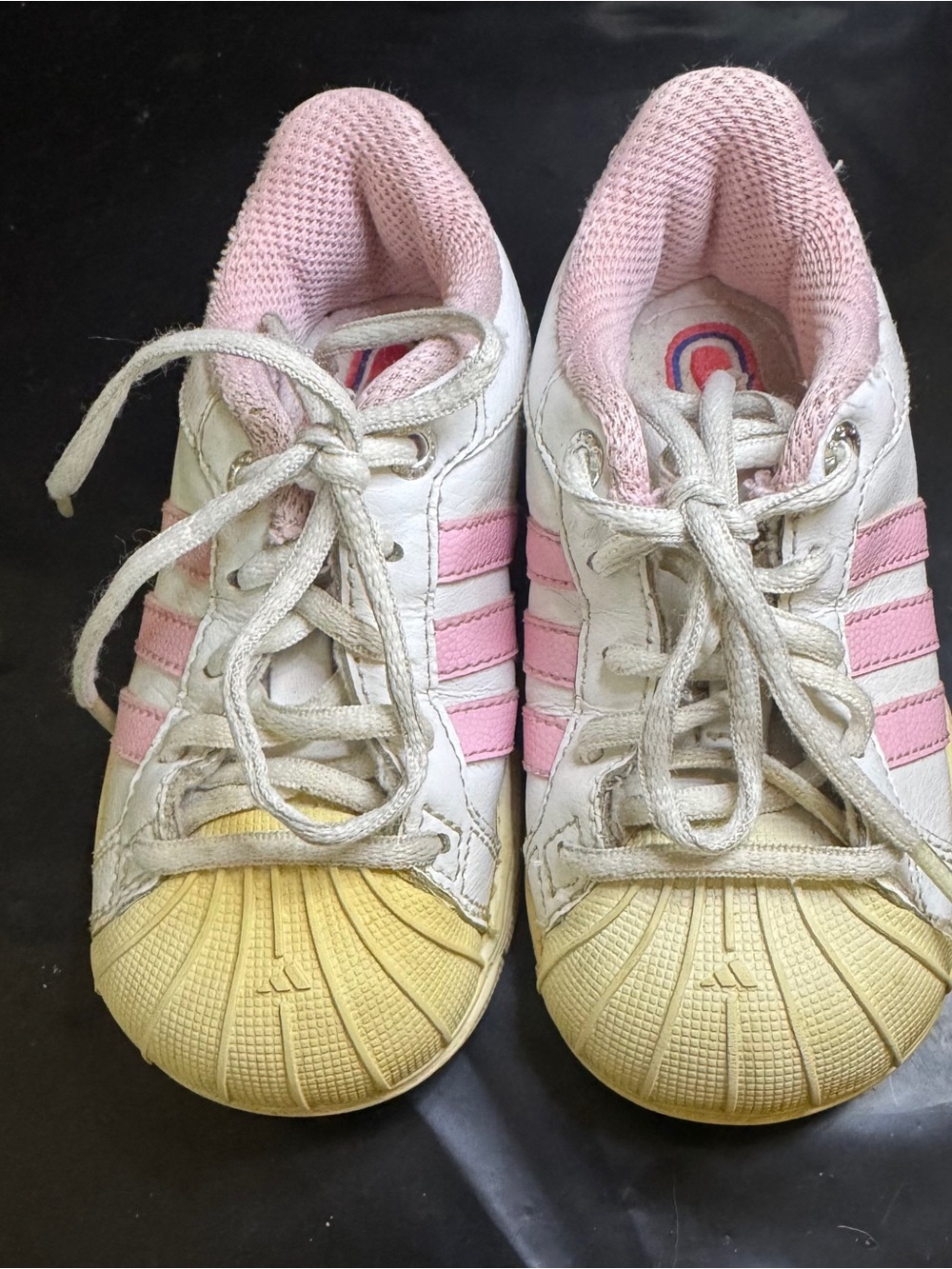 Adidas Baby Girl White Sneakers with Pink Stripes and Yellow Shell-Toe